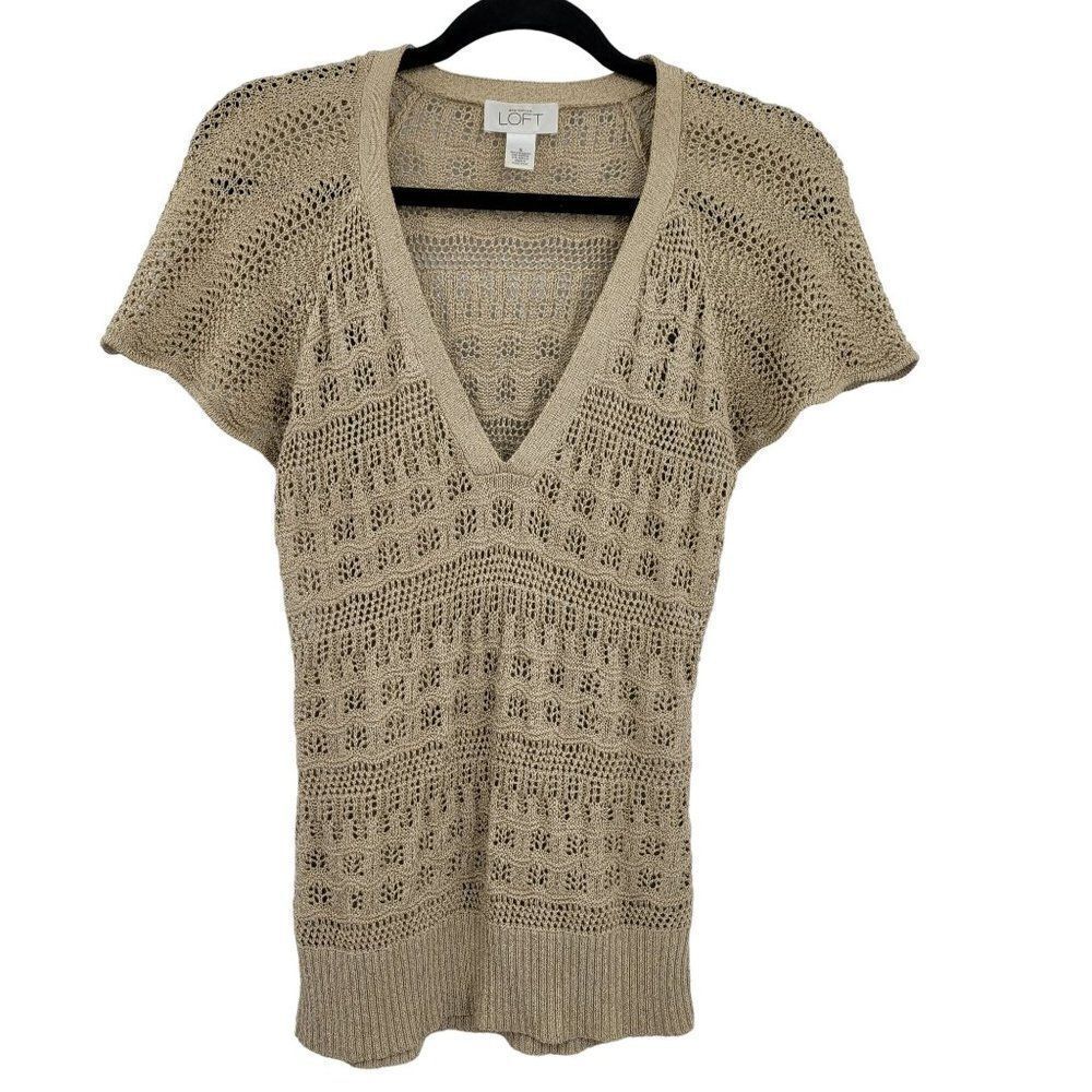 Vintage 80's Ann Taylor Knit Top S Tan Open Knit Crochet Flutter Sleeve V-neck